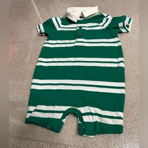 HANNA ANDERSSON GREEN CREAM STRIPED SHORTALL ROMPER BOTS 70 CM 6-12 MOS